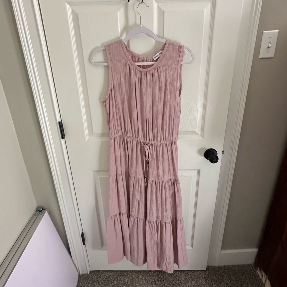 Calvin Klein Maxi Dress Gauze Tiered Womens Sz 12 Keyhole Back Bead Tie Waist